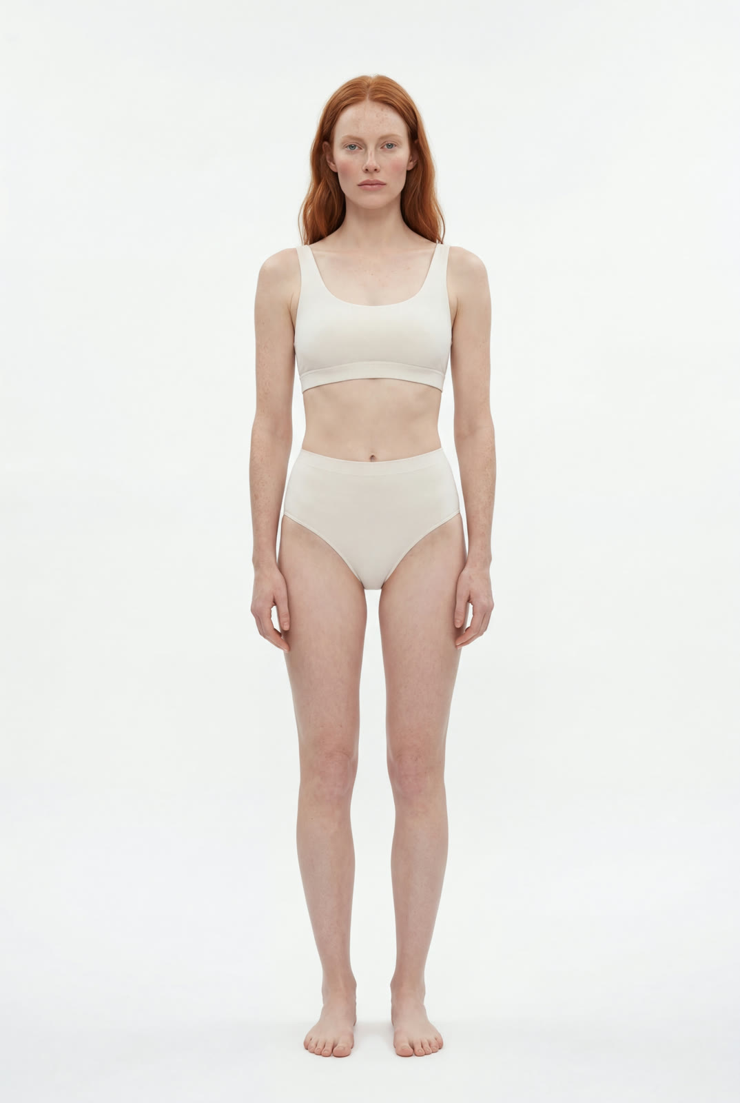 AI e-commerce photo: model wearing basics on a white background
