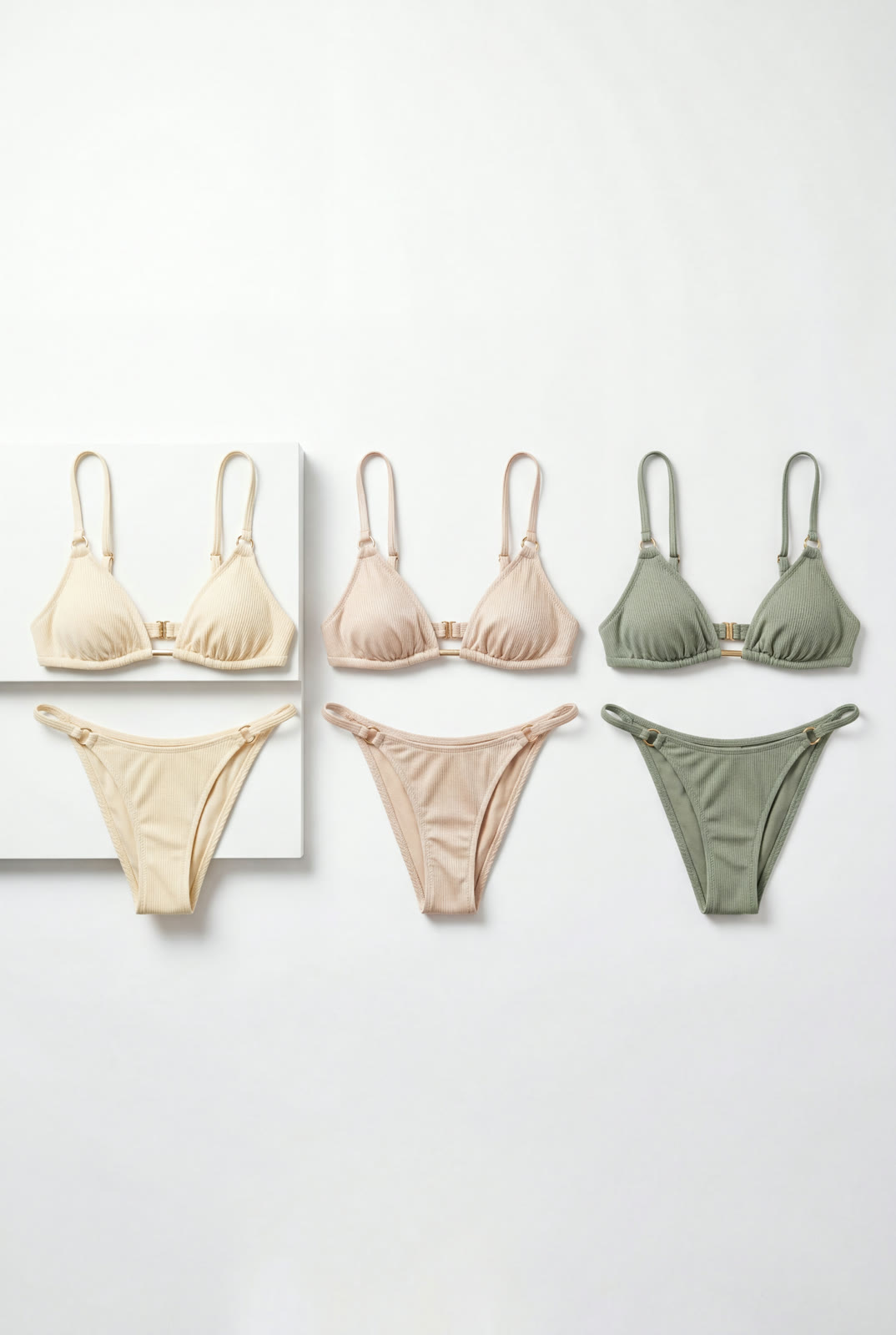 AI e-commerce packshot: bikini sets in neutral colors